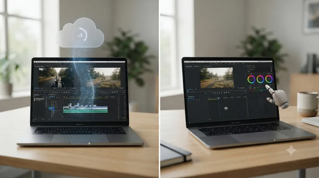 Illustration comparing a cloud tool ingesting raw footage against an on-screen assistant pointing at a control without footage leaving the laptop