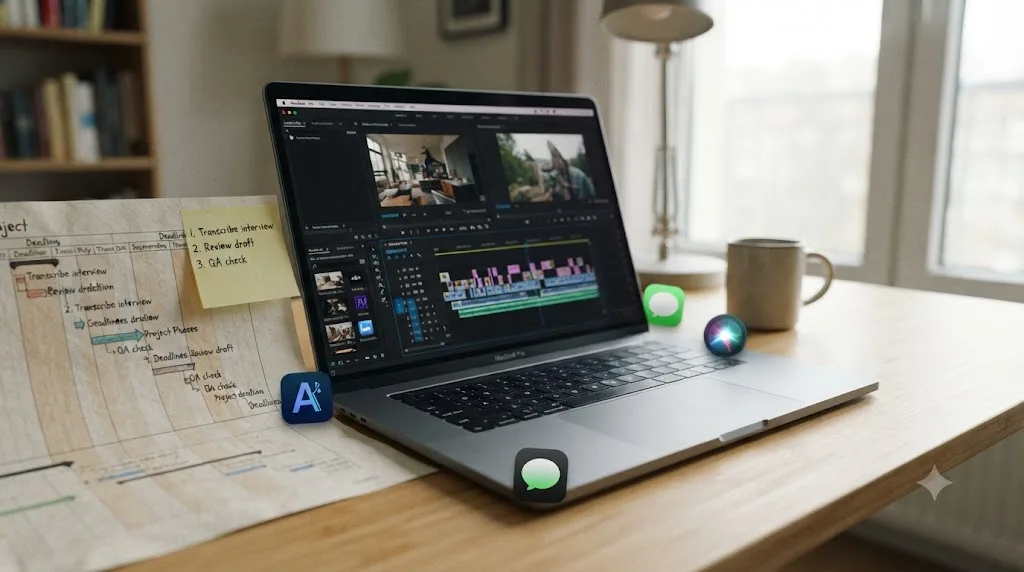 Illustration of a freelance editor's desktop with a project timeline, a checklist sticky note, and icons for transcription, chat, and assistant AI tools
