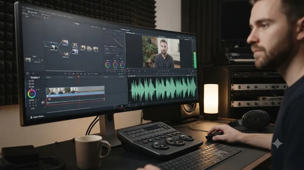 Illustration of a silent DaVinci Resolve timeline clip next to its Source Viewer counterpart showing full audio after using Match Frame