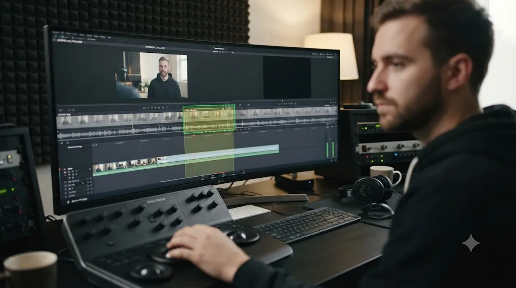 Illustration of a long DaVinci Resolve source clip in the Source Viewer with a small highlighted section showing what's currently used on the timeline