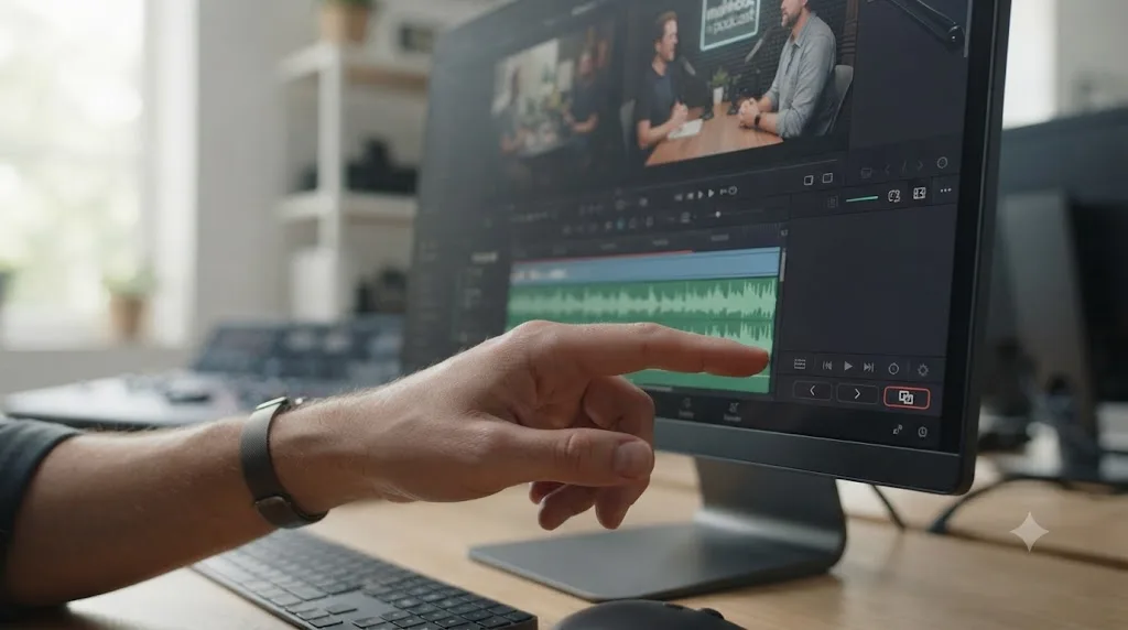 Illustration of a hand pointing at the Match Frame button at the bottom right of a DaVinci Resolve Timeline Viewer