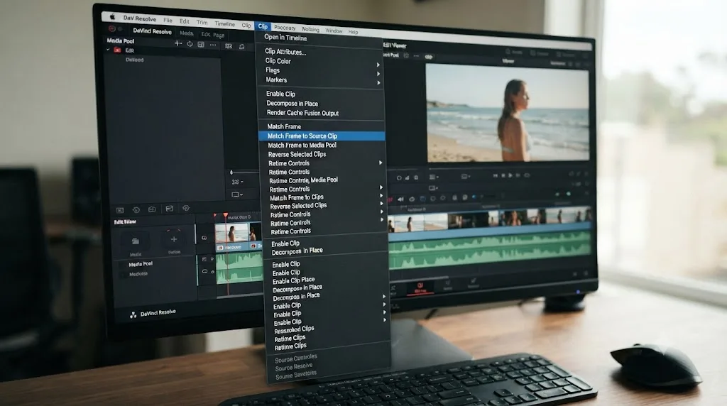 Illustration of a DaVinci Resolve Clip menu with Match Frame to Source Clip highlighted at the bottom