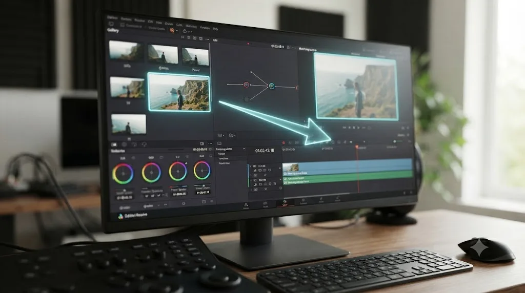 Illustration of a DaVinci Resolve Color page Gallery still connected by an arrow to its matching source frame on the timeline