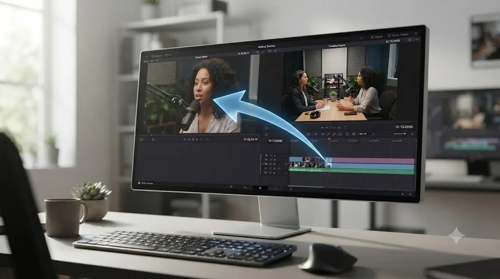 Illustration of a DaVinci Resolve Source Viewer and Timeline Viewer connected by a match frame navigation arrow