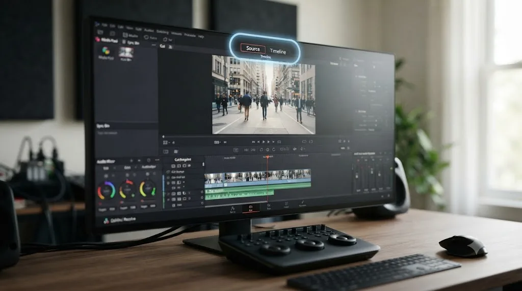 Illustration of a DaVinci Resolve Cut page viewer with Source and Timeline toggle buttons highlighted above a single combined viewer