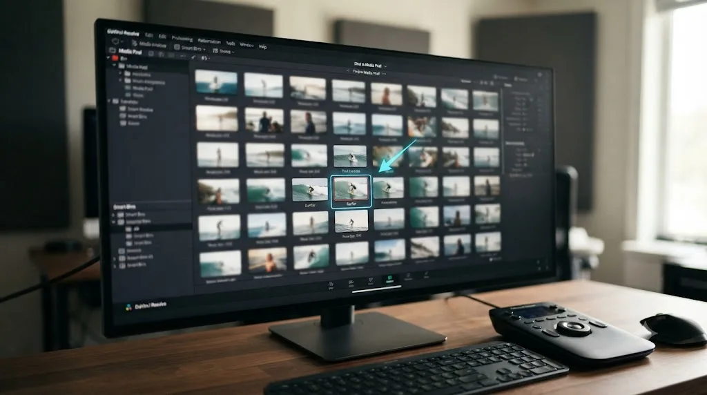 Illustration of a DaVinci Resolve Media Pool with one clip thumbnail highlighted after using Find in Media Pool