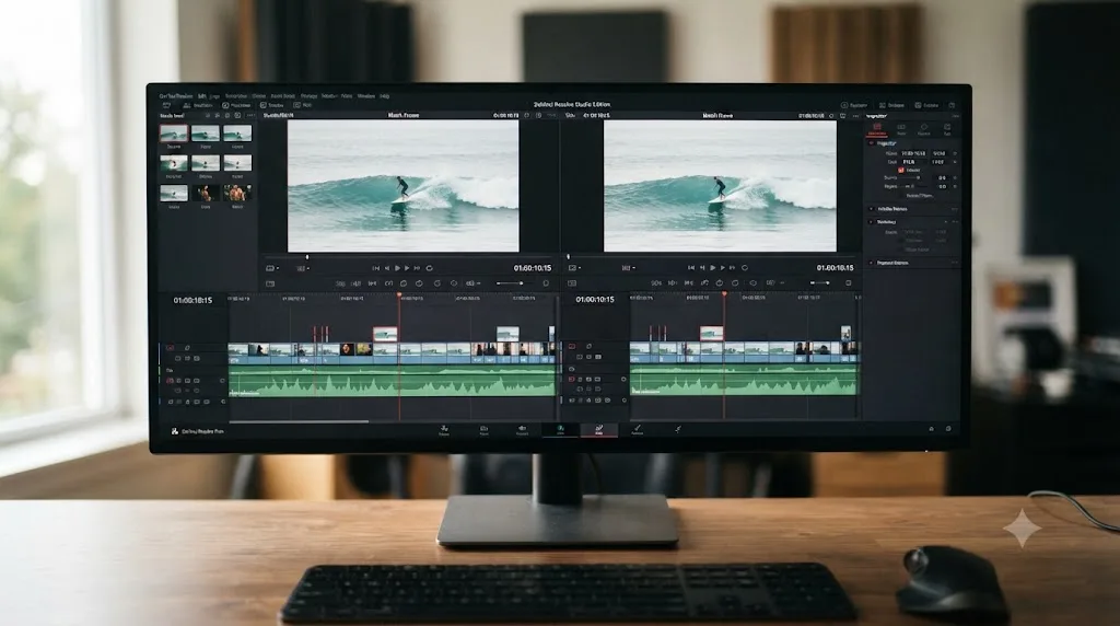 Illustration comparing identical Match Frame functionality between DaVinci Resolve's free and Studio editions