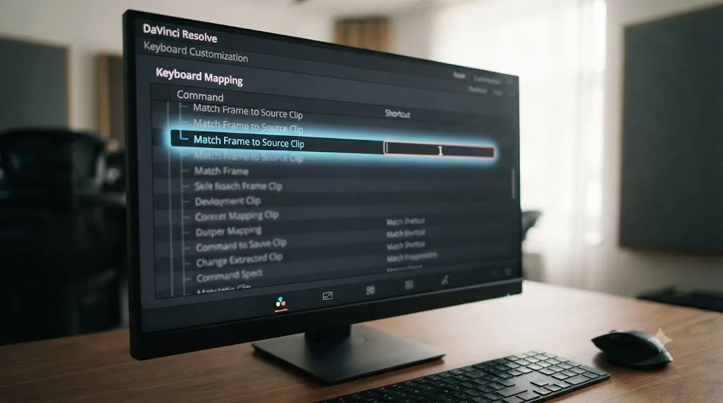 Illustration of a DaVinci Resolve Keyboard Customization panel showing an unassigned Match Frame to Source Clip shortcut field