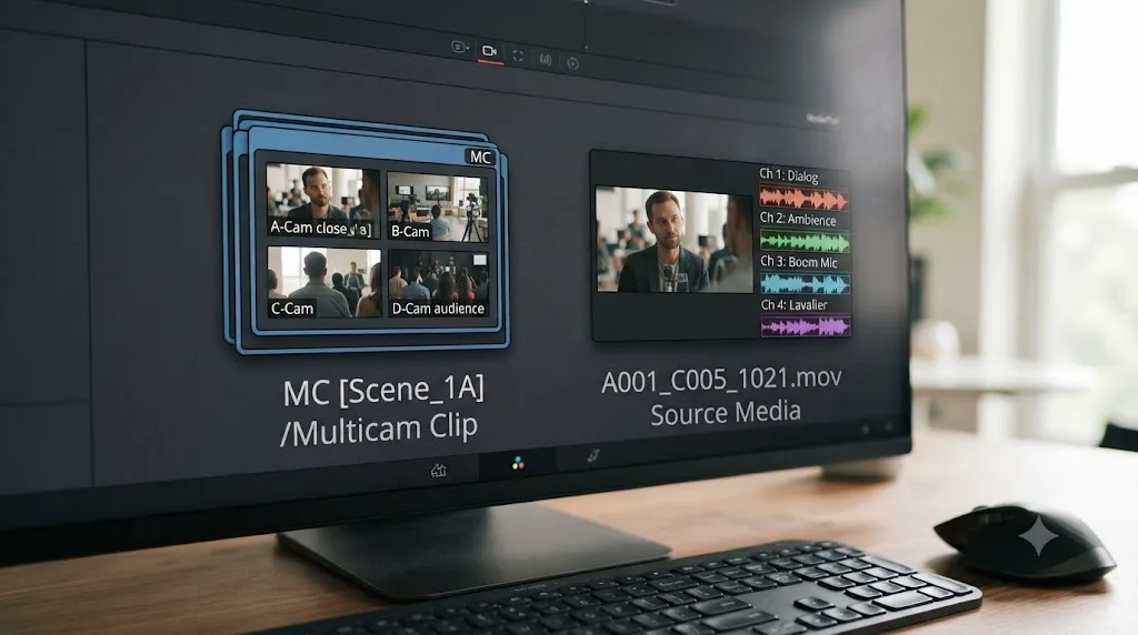 Illustration comparing a bundled DaVinci Resolve multicam clip against its unbundled original source file with multiple audio channels