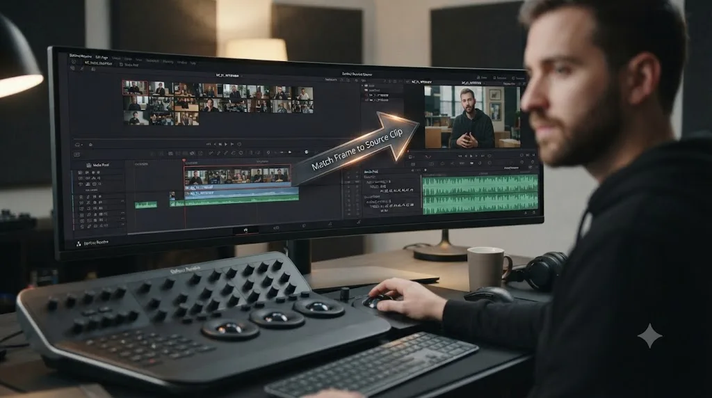 Illustration of a DaVinci Resolve multicam timeline clip connected to its full multichannel audio source file via Match Frame to Source Clip