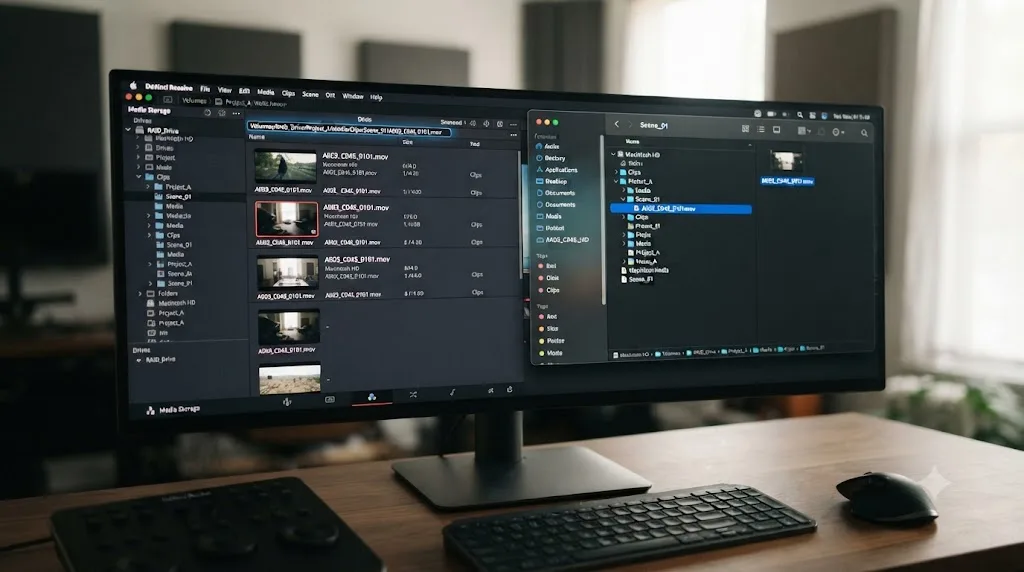 Illustration of a DaVinci Resolve Media Storage panel and an operating system file browser both revealing the same media file location