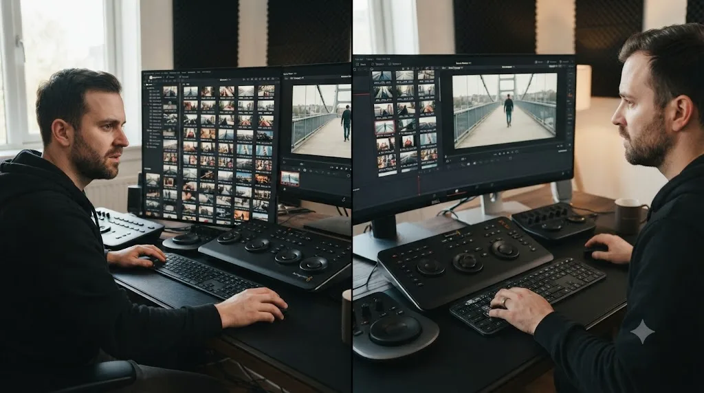 Illustration comparing a manual Media Pool search against a single keystroke match frame lookup in DaVinci Resolve