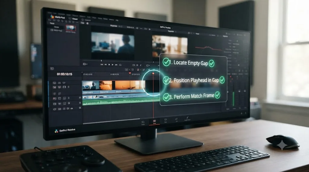 Illustration of a checklist overlay on a DaVinci Resolve timeline highlighting a playhead positioned in an empty gap
