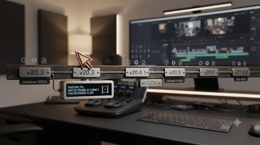 Illustration of a DaVinci Resolve version timeline highlighting the match frame accuracy fix for reversed footage in version 20.3
