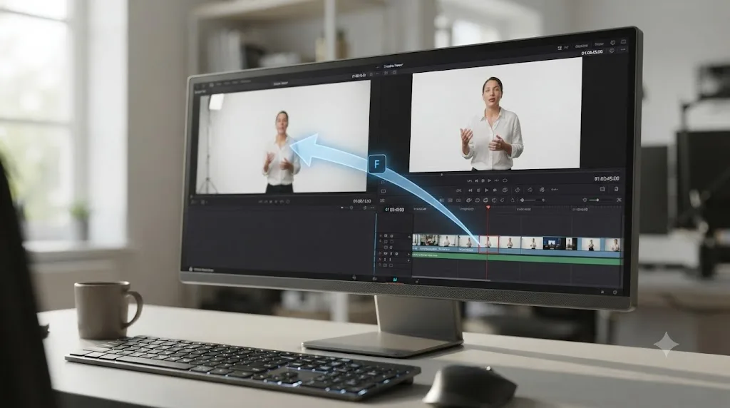 Illustration of a DaVinci Resolve playhead over a timeline clip with an arrow showing the F key loading that clip into the Source Viewer