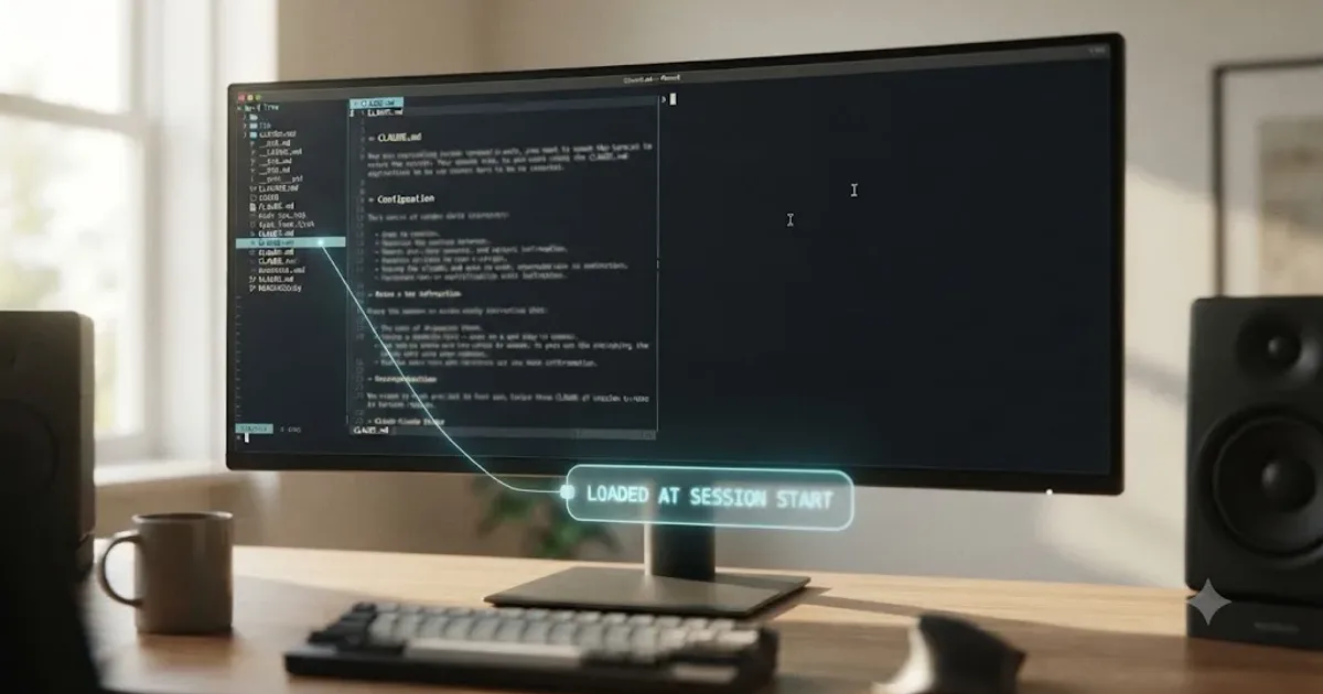 Illustration of a terminal window with a CLAUDE.md file open beside a glowing checklist of project rules