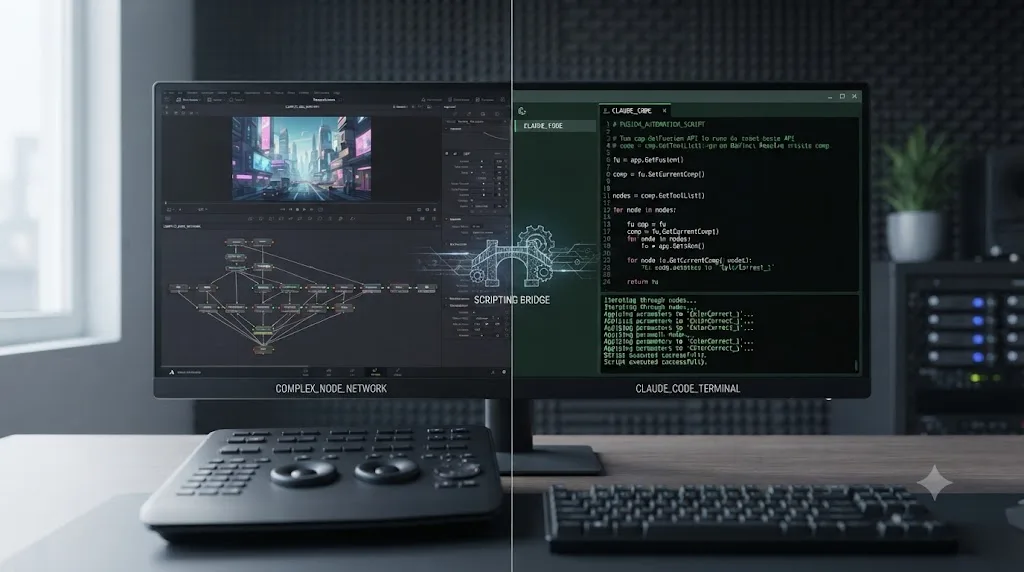 Illustration of a split screen showing a DaVinci Resolve Fusion node graph connected to a Claude Code terminal through a scripting bridge