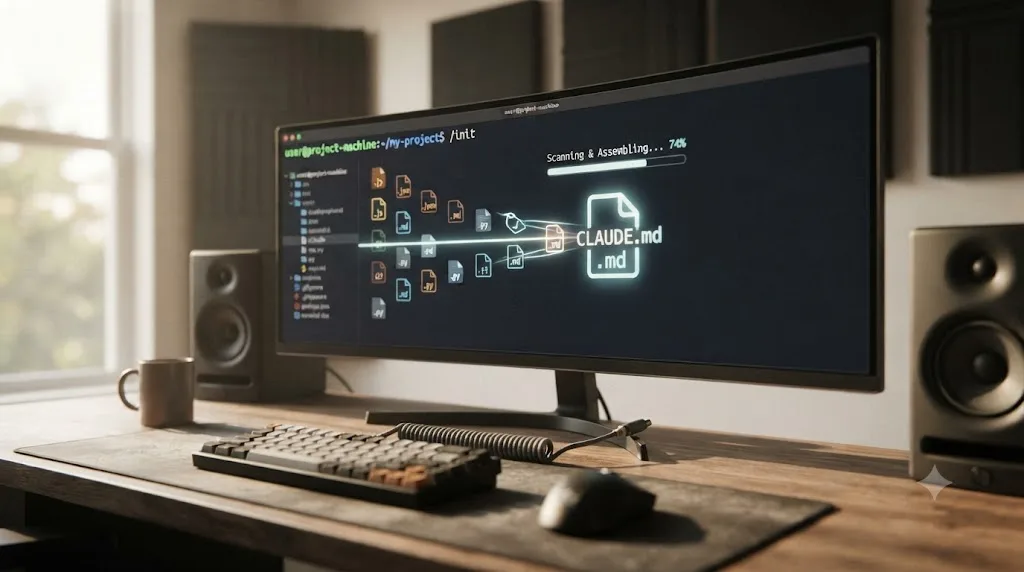 Illustration of a terminal running the init command, scanning project files and assembling them into a CLAUDE.md draft
