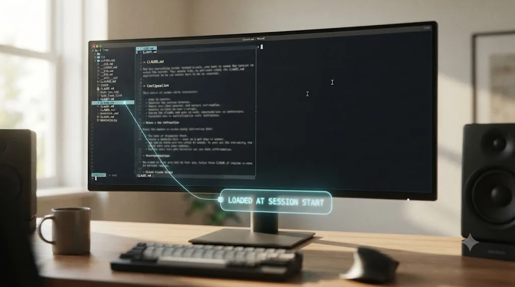 Illustration of a terminal window with a CLAUDE.md file open and a badge showing it loads at the start of every session