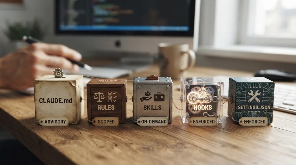 Illustration of five labeled mechanism boxes, CLAUDE.md, rules, skills, hooks, and settings.json, each tagged with how strictly it is followed