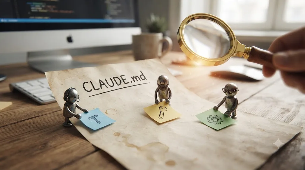 Illustration of three team members adding notes to a shared CLAUDE.md file with a magnifying glass representing a periodic review