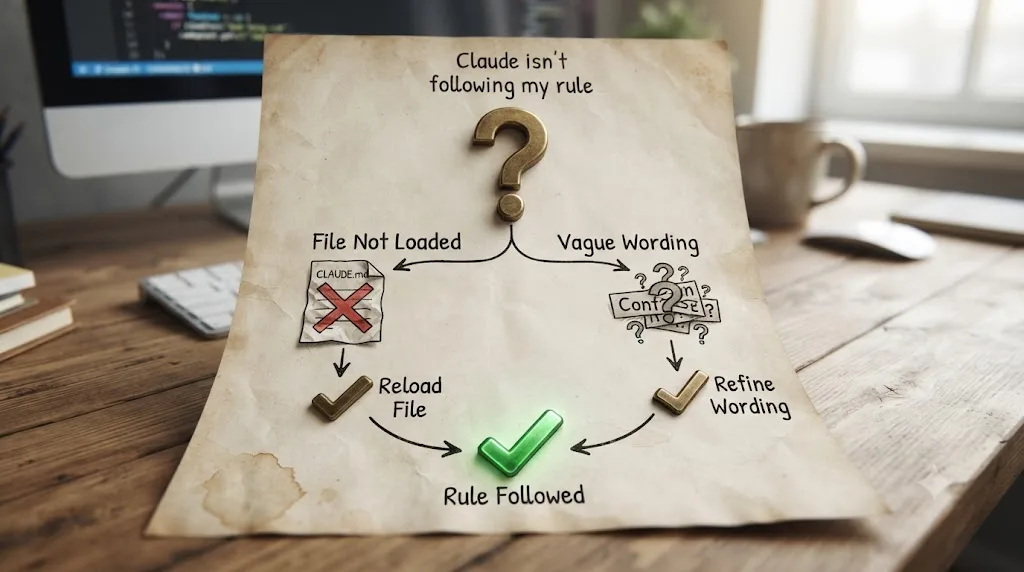 Illustration of a troubleshooting flowchart for a CLAUDE.md rule not being followed, branching into a not-loaded path and a vague-wording path