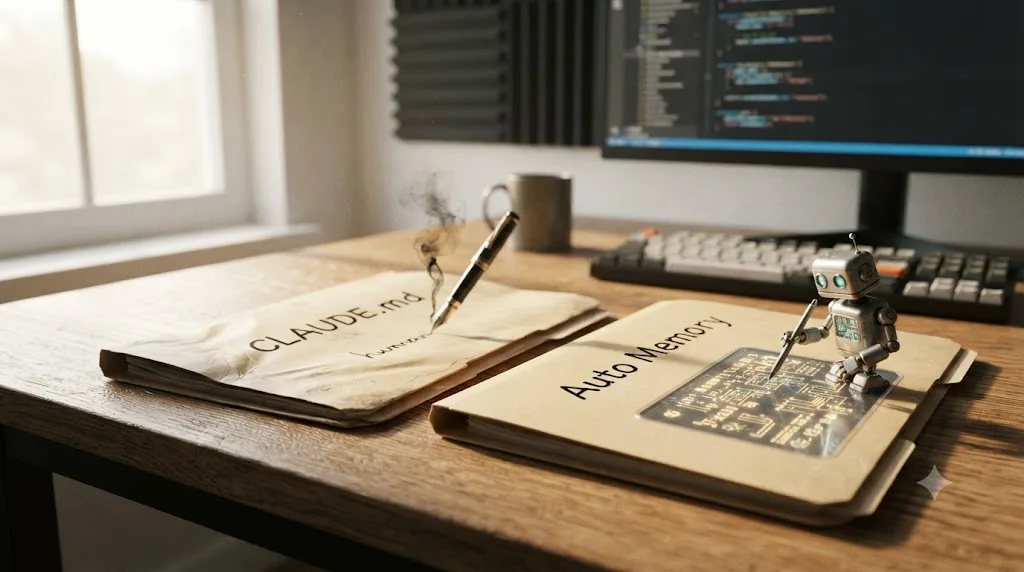 Illustration of two folders side by side, one for CLAUDE.md written by a person and one for auto memory written by Claude