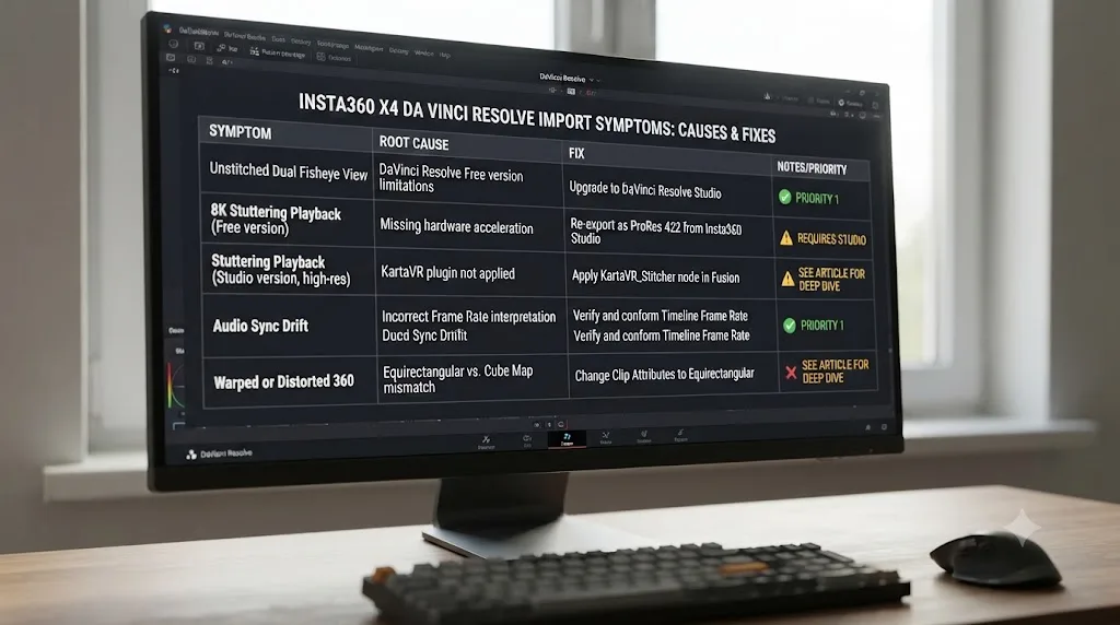 Illustration of a decision table matching Insta360 X4 DaVinci Resolve import symptoms to their causes and fixes
