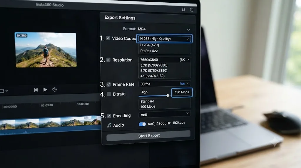 Illustration of Insta360 Studio's export settings panel showing codec, resolution, and bitrate options