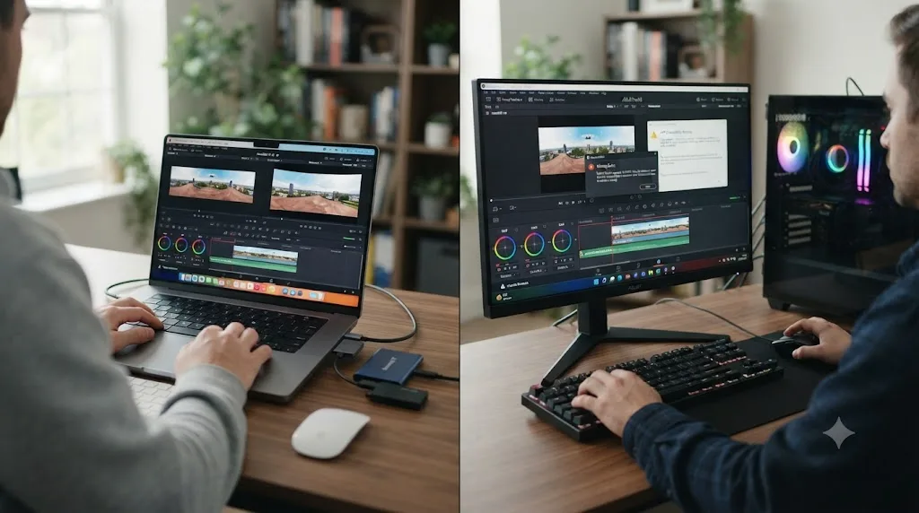 Illustration comparing an Insta360 X4 DaVinci Resolve workflow on Mac against the same workflow on Windows with additional compatibility checks