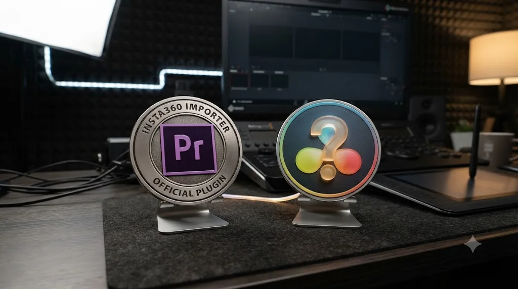 Illustration comparing an Adobe Premiere Insta360 plugin icon with a DaVinci Resolve icon showing no equivalent plugin exists