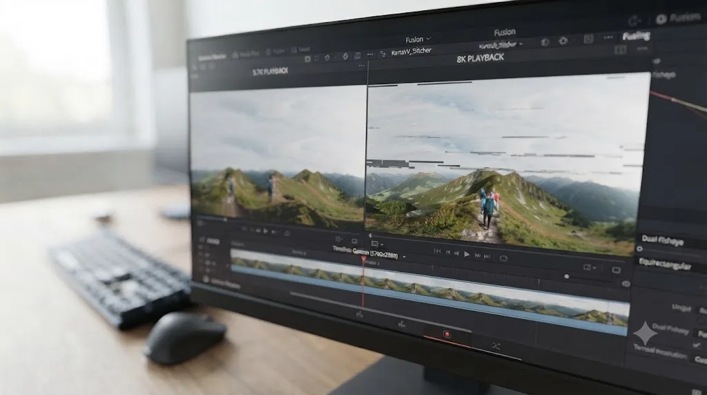 Illustration comparing smooth DaVinci Resolve playback of a 5.7K Insta360 clip against stuttering playback of an 8K equirectangular clip
