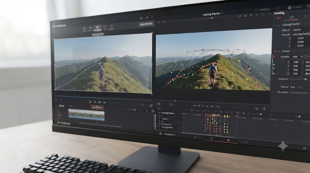 Illustration comparing Insta360 Studio's automatic AI reframe tool against manual keyframing in DaVinci Resolve's LatLong Patcher