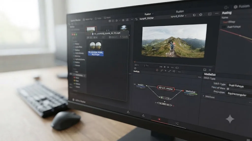 Illustration of a renamed Insta360 file being processed by a DaVinci Resolve plugin, merging two fisheye strips into one equirectangular frame