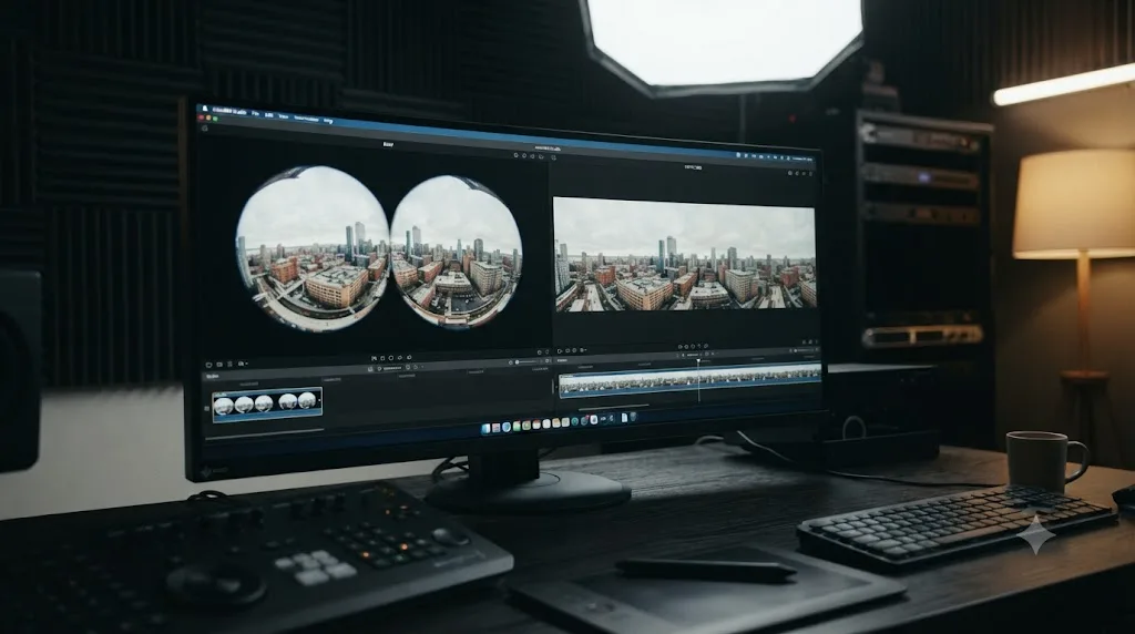 Illustration of an Insta360 Studio interface showing a raw dual-fisheye clip beside its stitched equirectangular preview