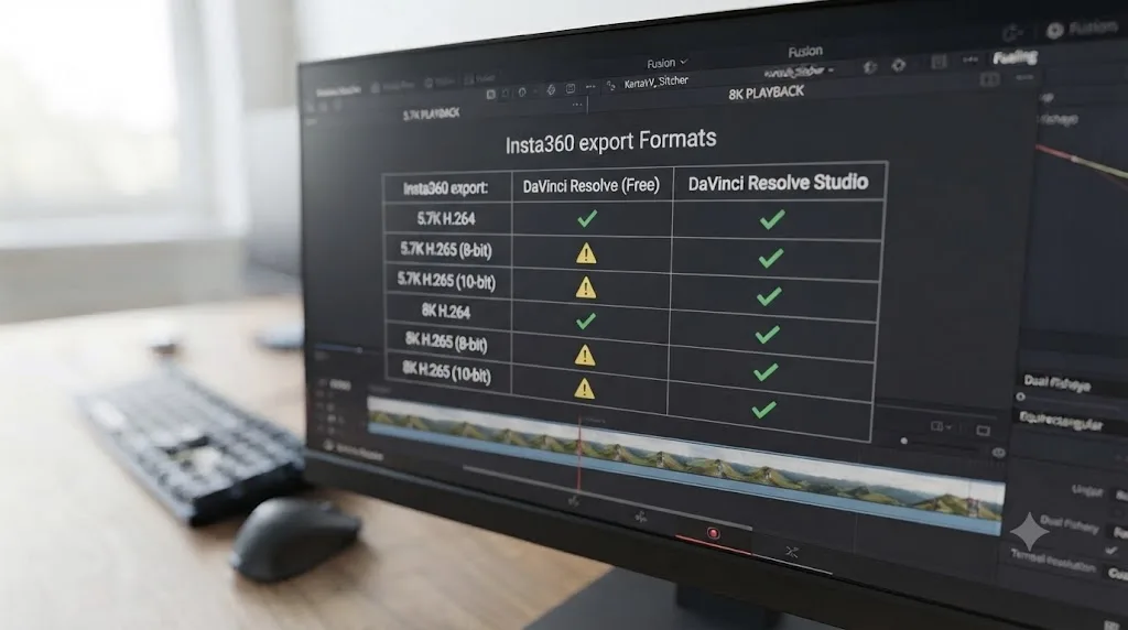 Illustration of a comparison chart showing free DaVinci Resolve versus DaVinci Resolve Studio decoding different Insta360 export formats