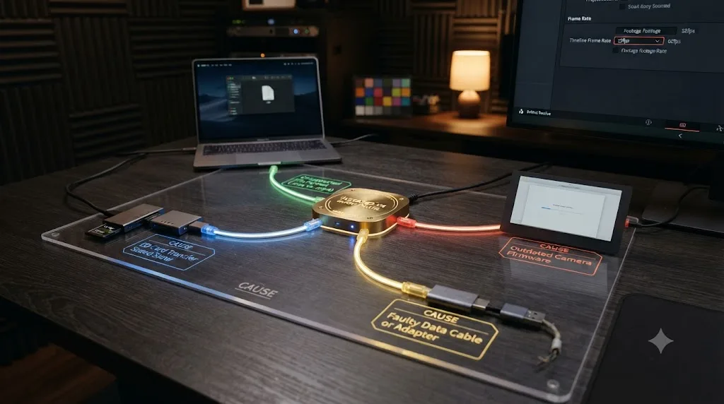 Illustration of five distinct DaVinci Resolve Insta360 X4 import failure symptoms branching from a single starting point