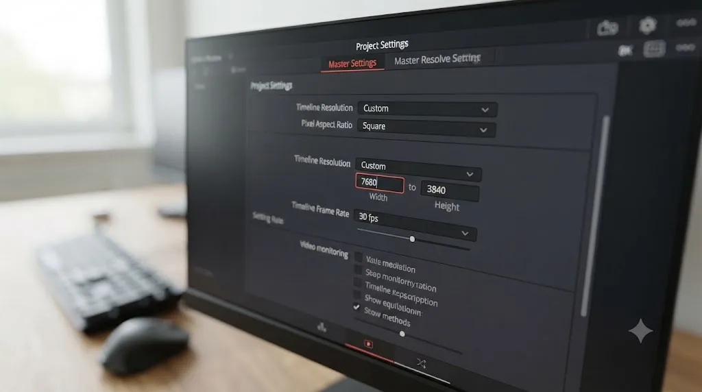 Illustration of a DaVinci Resolve Project Settings panel with Timeline Resolution set to 7680 by 3840 for equirectangular footage