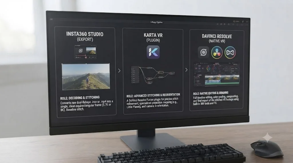Illustration of a three-column diagram showing Insta360 Studio, KartaVR, and DaVinci Resolve's native VR tools and their distinct roles
