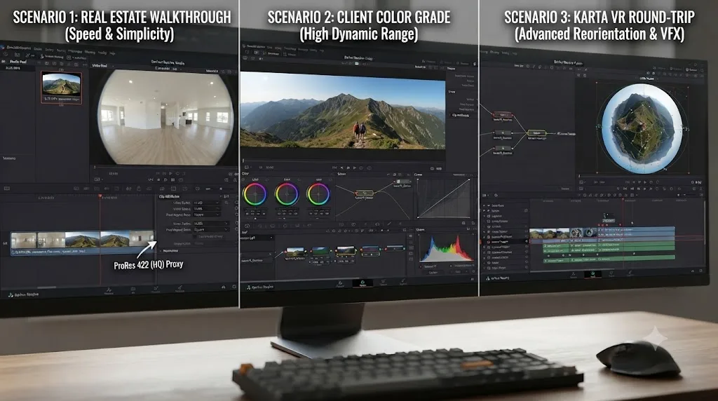 Illustration of three worked examples showing different Insta360 X4 DaVinci Resolve import scenarios each resolving through a different workflow