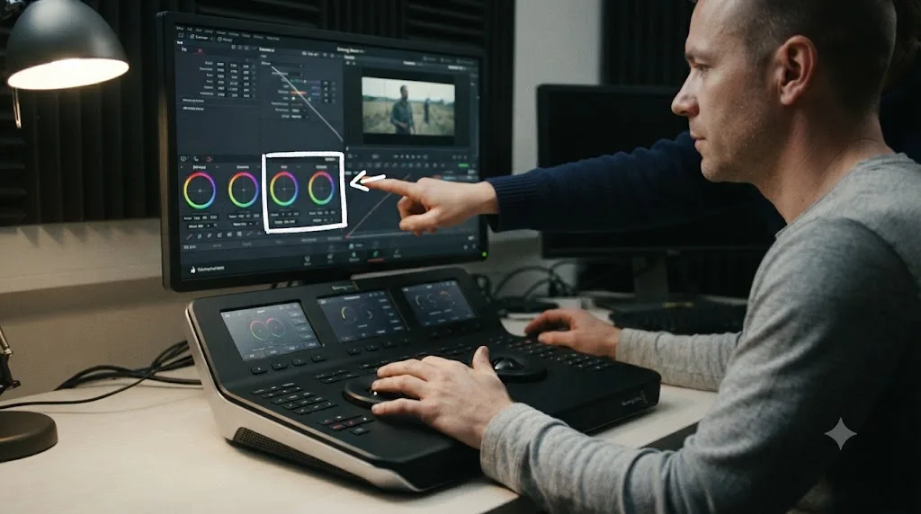 Illustration of an assistant pointing at a specific DaVinci Resolve control with a hand-drawn highlight box guiding the user