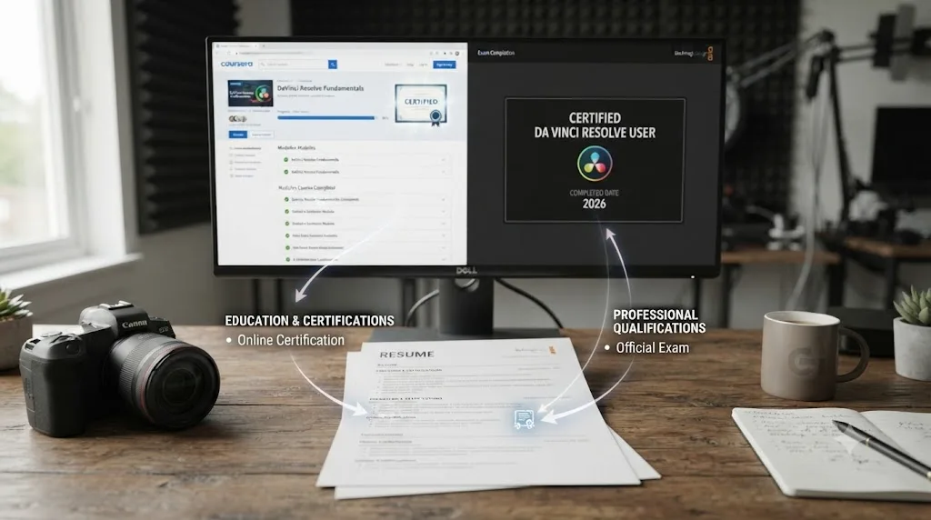 Illustration comparing a Coursera course dashboard against a single Blackmagic exam screen both leading to the same resume