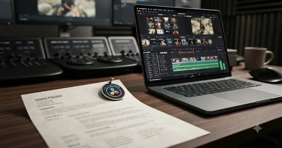 Illustration of a resume on a desk with a DaVinci Resolve certificate badge next to a laptop showing an editing timeline