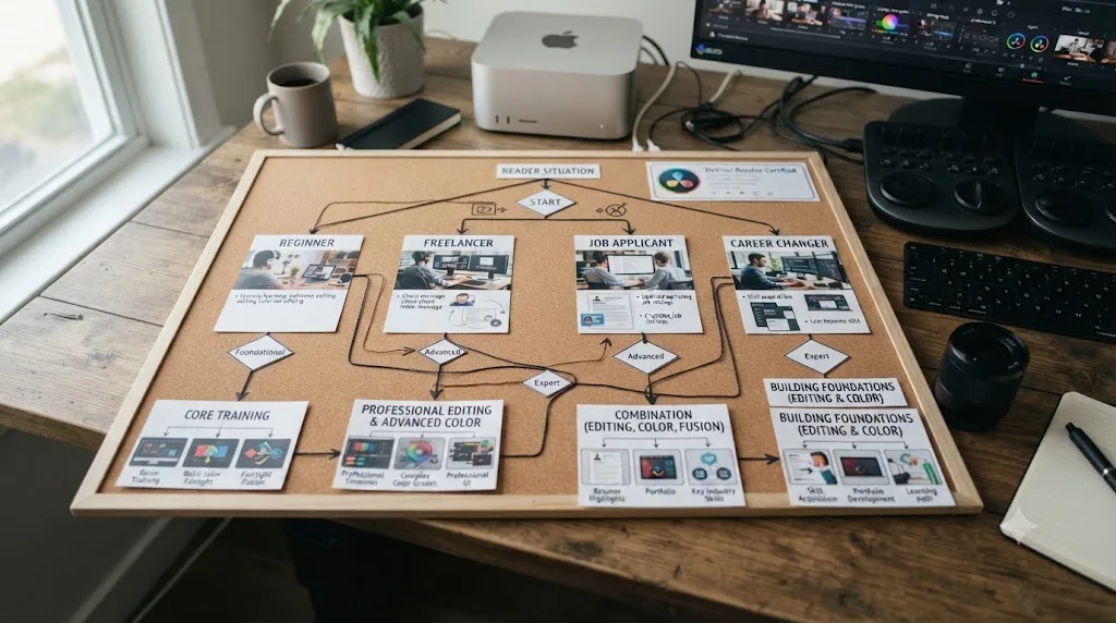 Illustration of a decision flowchart matching different career situations to different DaVinci Resolve certificate options