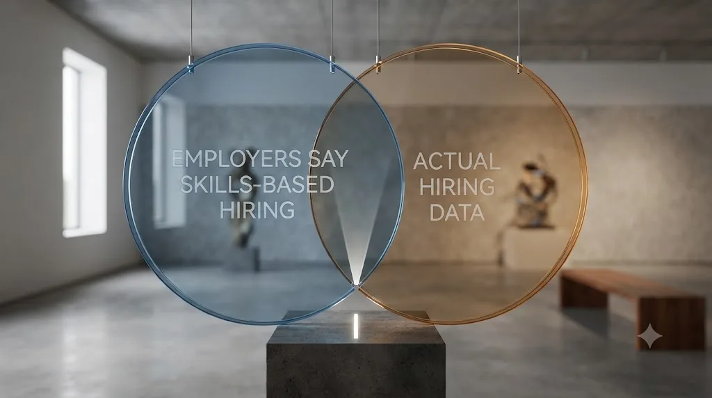 Illustration of two overlapping circles showing a gap between stated skills-based hiring policy and actual hiring data