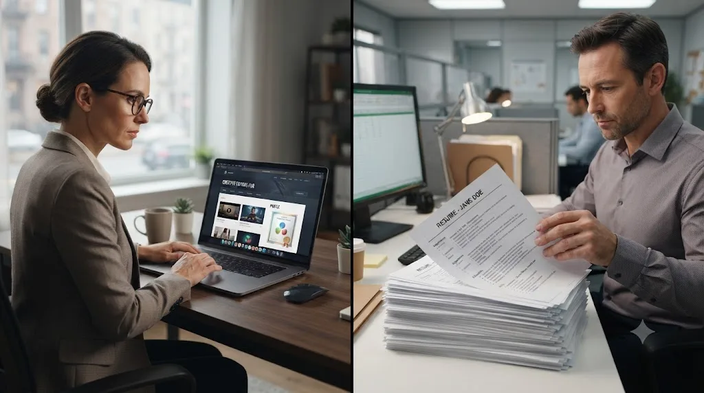 Illustration comparing a freelance client viewing a certificate badge on a portfolio against an HR screener scanning a stack of resumes