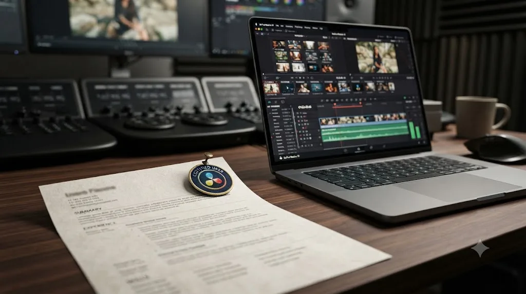 Illustration of a resume with a DaVinci Resolve certificate badge next to a laptop editing timeline
