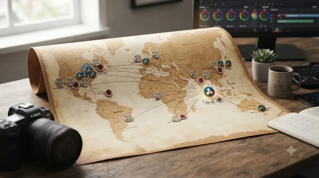 Illustration of a world map with certificate badge icons marking training centers across different regions