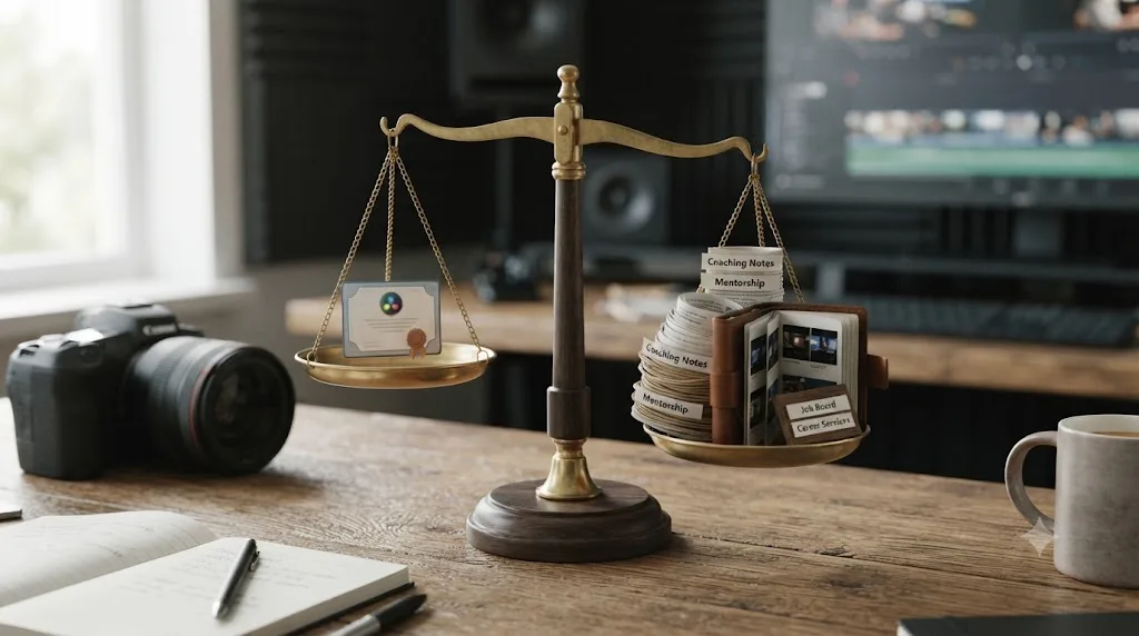 Illustration of a scale weighing a free certificate icon against a bundle of coaching, portfolio, and job board icons
