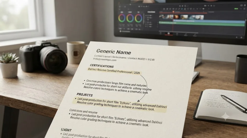 Illustration of a resume layout showing a certifications line connected by a dotted line to a supporting project bullet